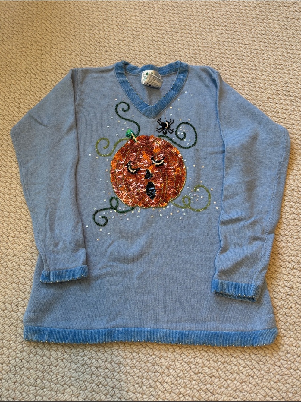 Quacker Factory Light Blue Sequin Pumpkin V-Neck Sweater